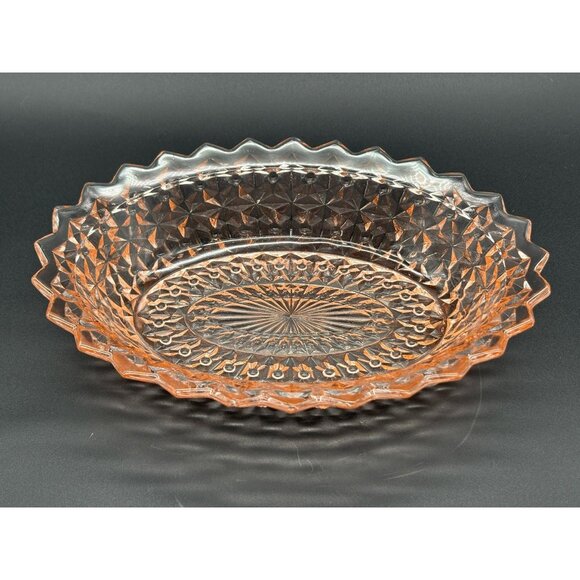 1930s Jeannette Glass Pink Holiday Buttons Bows Pink Depression Glass Oval Bowl - Picture 1 of 8